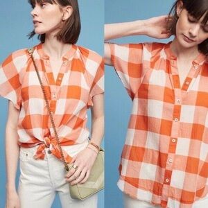 Anthropologie Maeve Orange White Cotton Button Down Short Sleeve Plaid Top Small